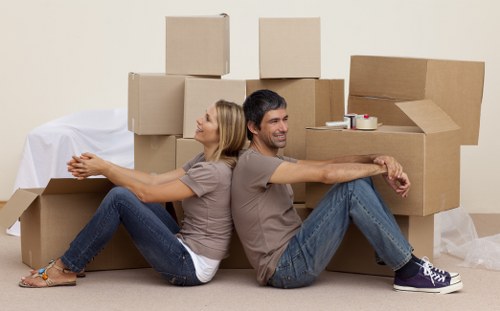 Movers handling packed boxes and furniture for a Highbury flat relocation