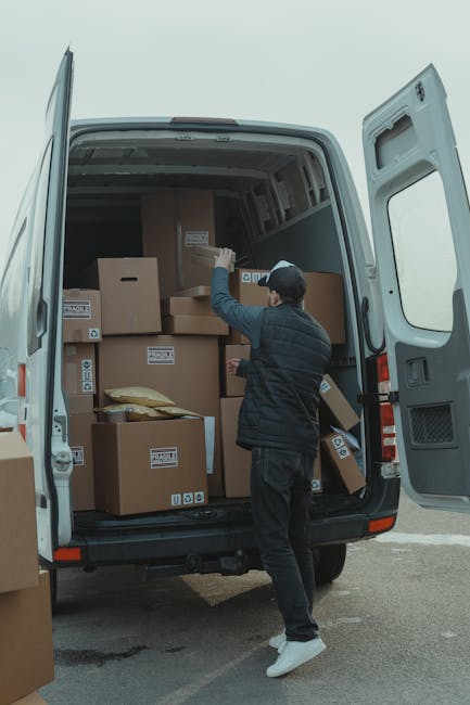 A person wearing a dark long-sleeved shirt, black pants, white sneakers, and a black cap is loading or unloading cardboard boxes of various sizes into the open rear doors of a white moving van. The boxes are secured with labels and some are wrapped in plastic or packing materials. The man is inside or just outside a paved driveway, with the interior of the van showing shelving and space prepared for moving furniture and belongings. This scene is part of a home relocation process, illustrating furniture transport and packing during a house move. The background appears to be an outdoor area with neutral lighting, and the focus is on the loading process managed by [COMPANY_NAME], with careful handling of the boxes and equipment such as the van and protective packing materials.